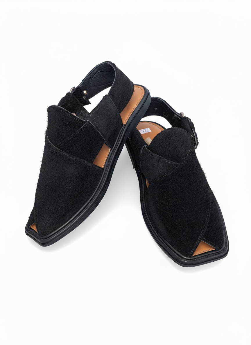 Round Edge Full Black Suede Charsadda Chappal
