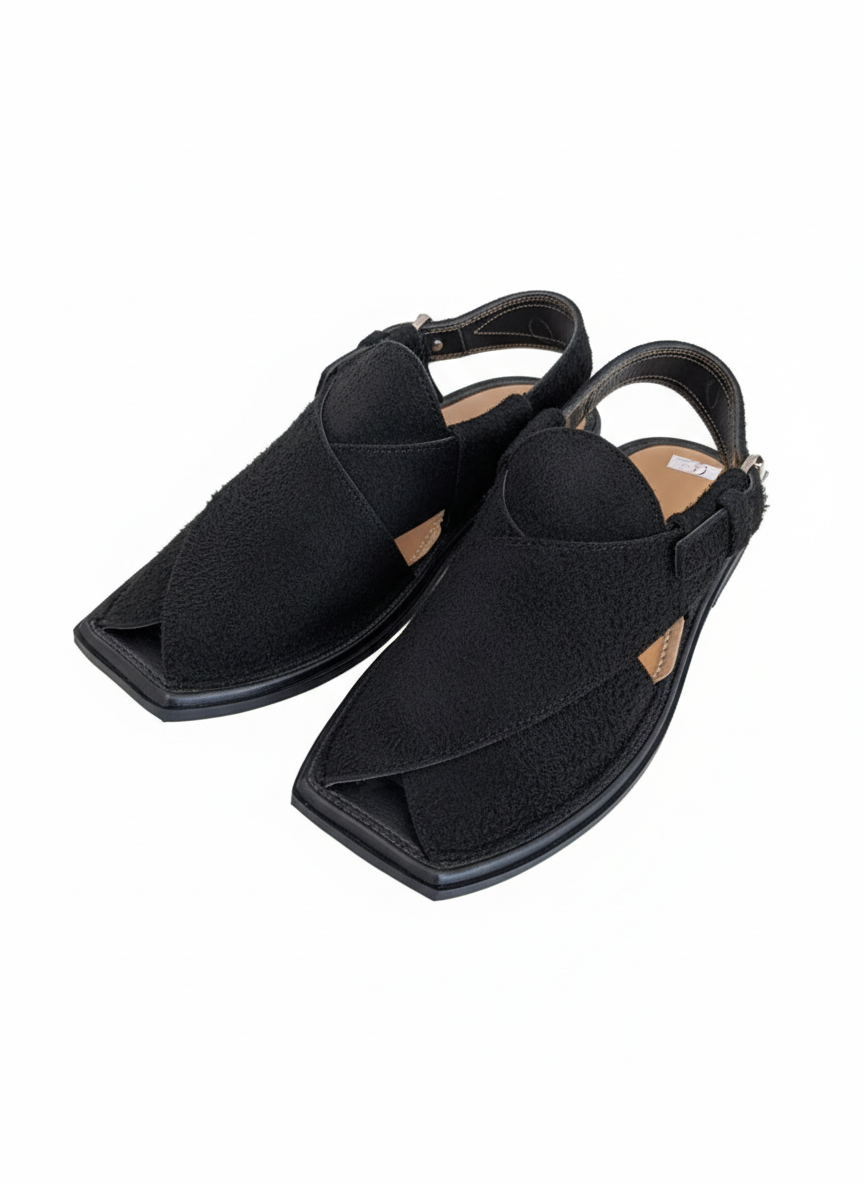 Sharp Edge Full Black Suede Charsadda Chappal